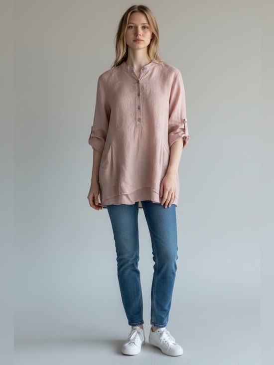 Tops - Linen baby pink shirt with front pockets size L made in Italy 100% linen boho K